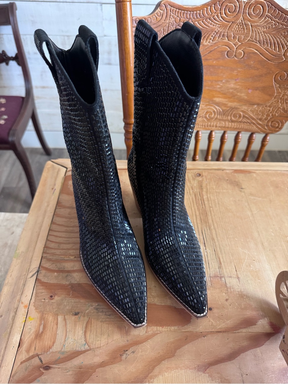 Black Sequin Pointed-Toe Women's Ankle Boots